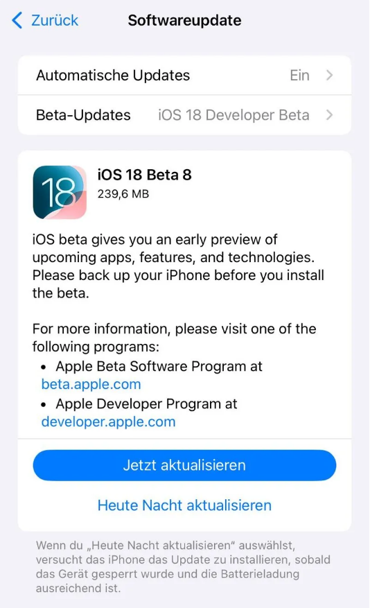 襄城苹果手机维修分享苹果 iOS / iPadOS 18 开发者预览版 Beta 8 发布 